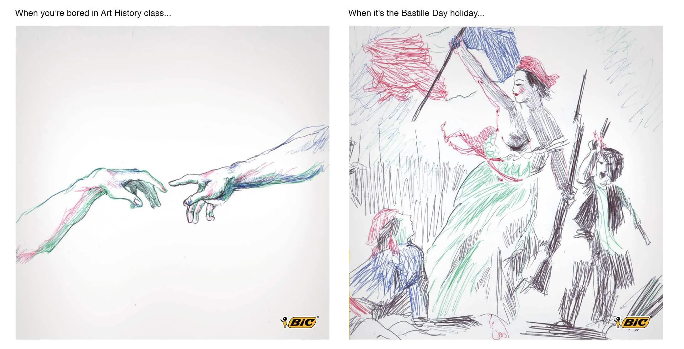 Facebook and Instagram posts for Bic 4-Colour pens with classical artwork themes