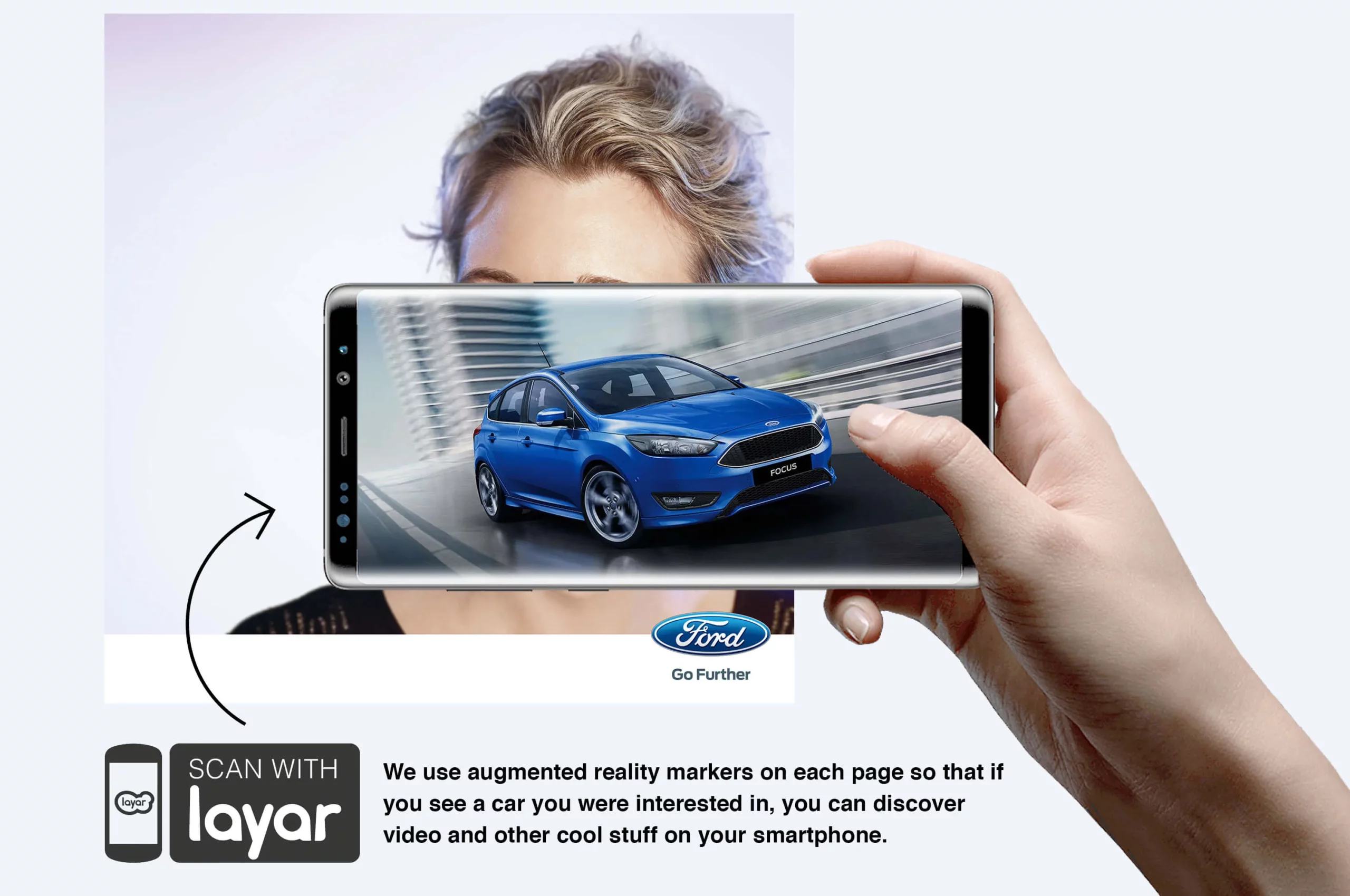 An augmented reality app being used with a brochure promoting Ford's range of cars and SUVs 