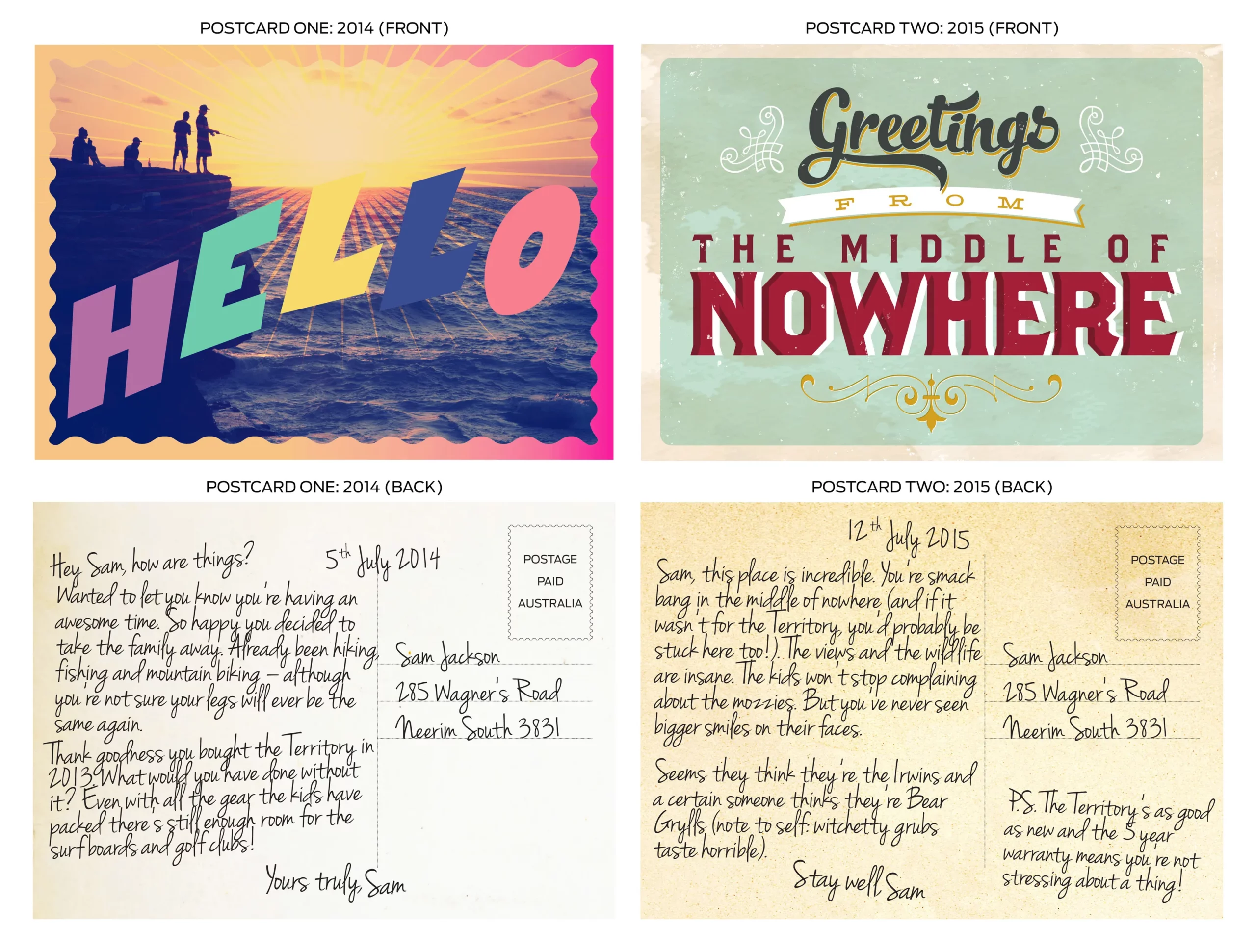Creative CRM postcards send to Ford customers about the adventures they are missing out of