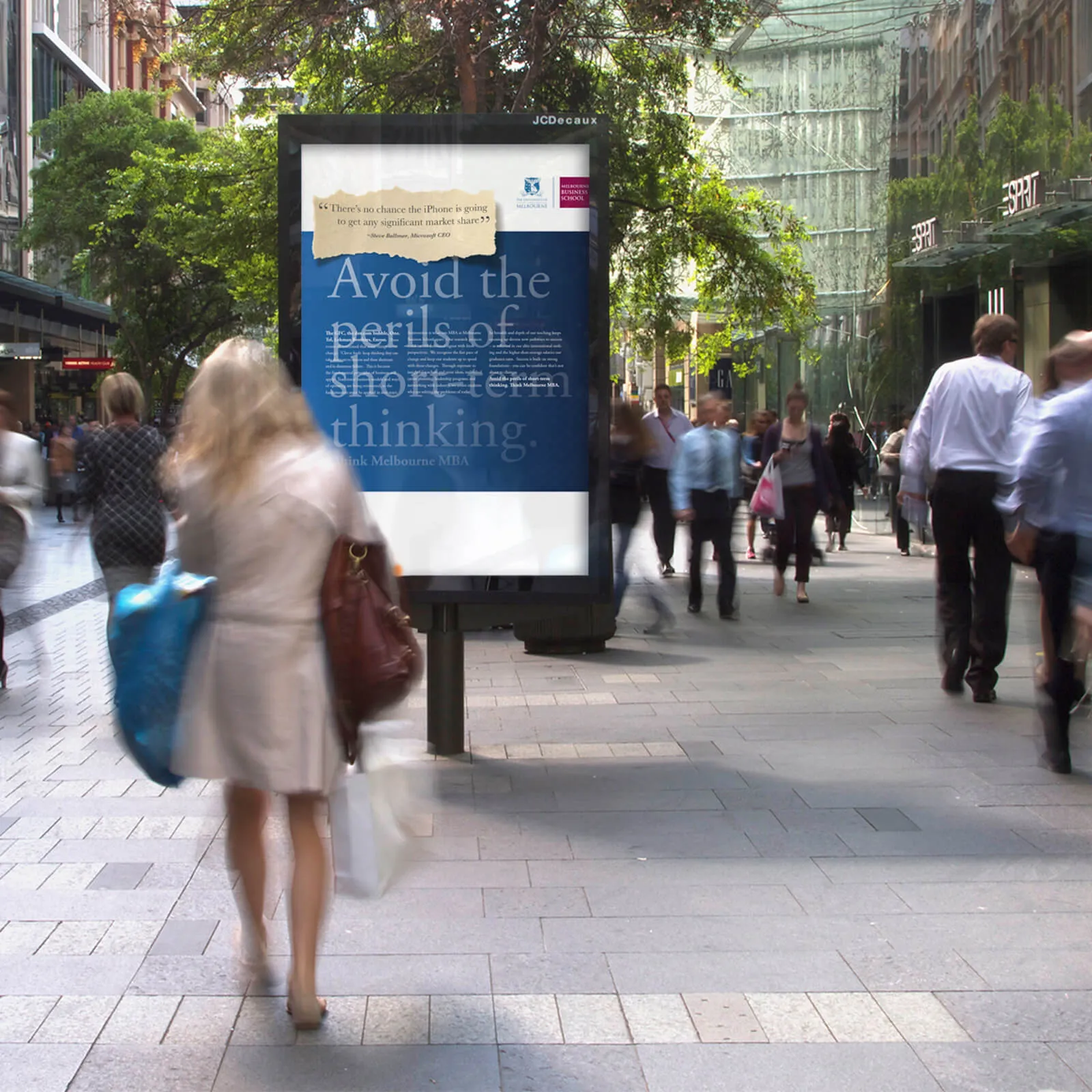 An eye-catching outdoor billboard promoting Melbourne University's MBA program