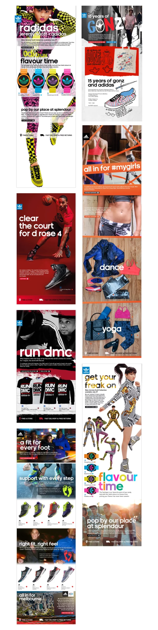 Email marketing and advertising for Adidas featuring Jeremy Scot, Run DMC and Gonz skateboarding