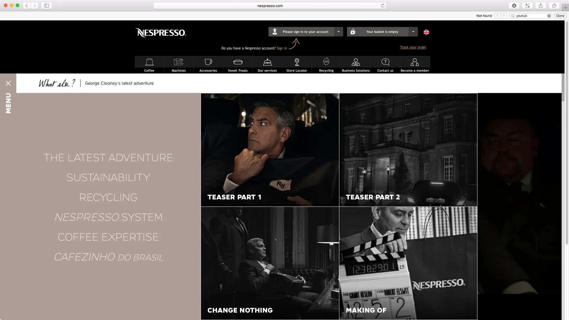 Designs for a Nespresso website featuring George Clooney
