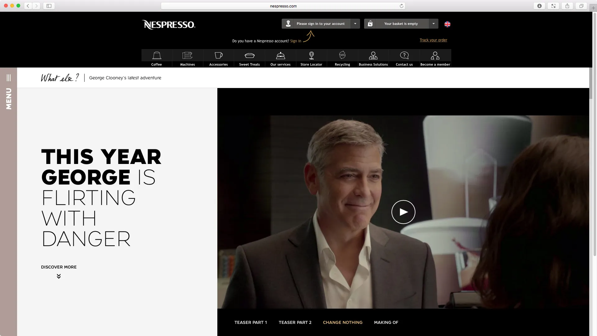 Designs for a Nespresso website featuring George Clooney