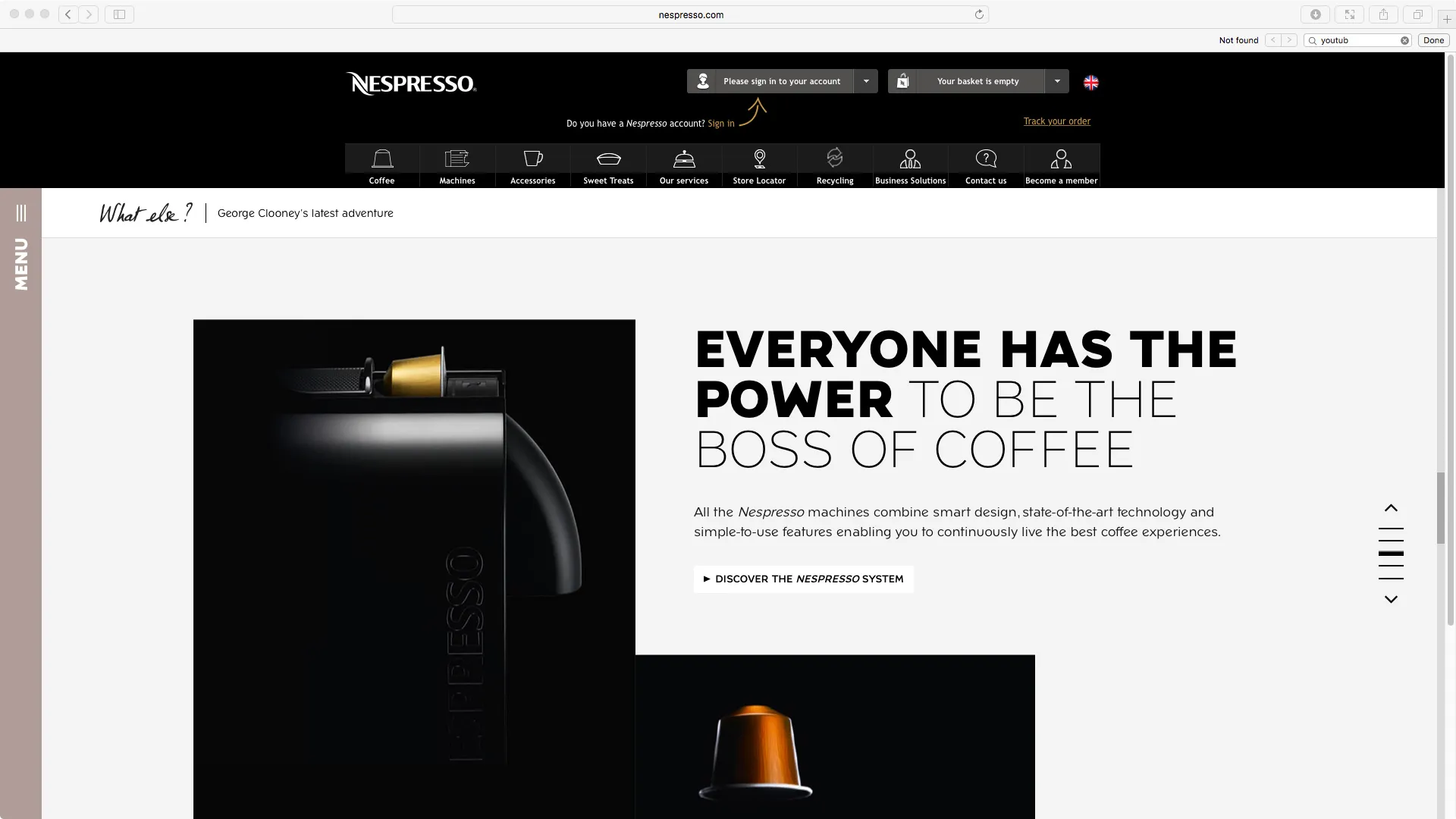 Designs for a Nespresso website featuring George Clooney