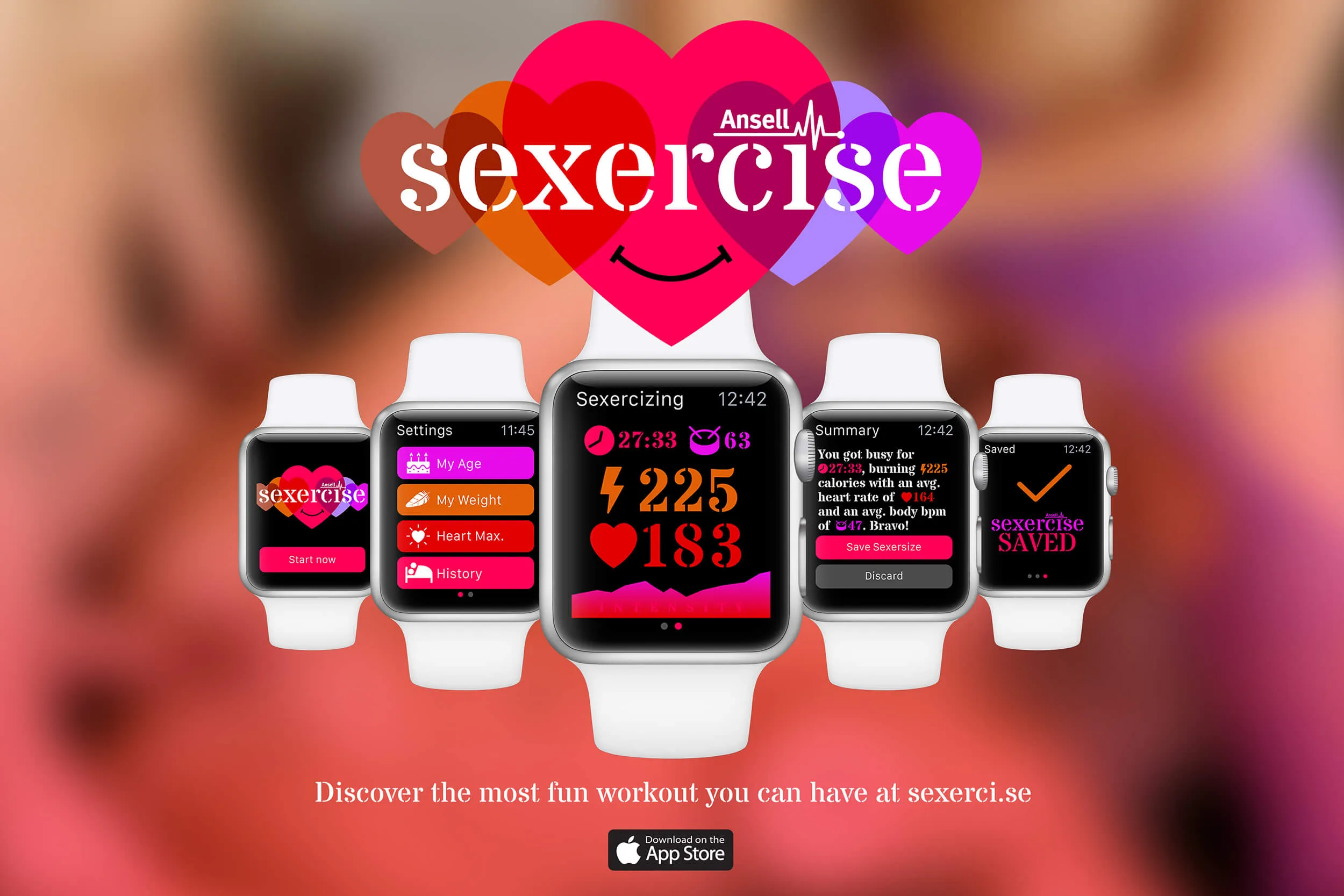 A range of screenshots of the Sexercise app on the Apple Watch app turns sex into a workout