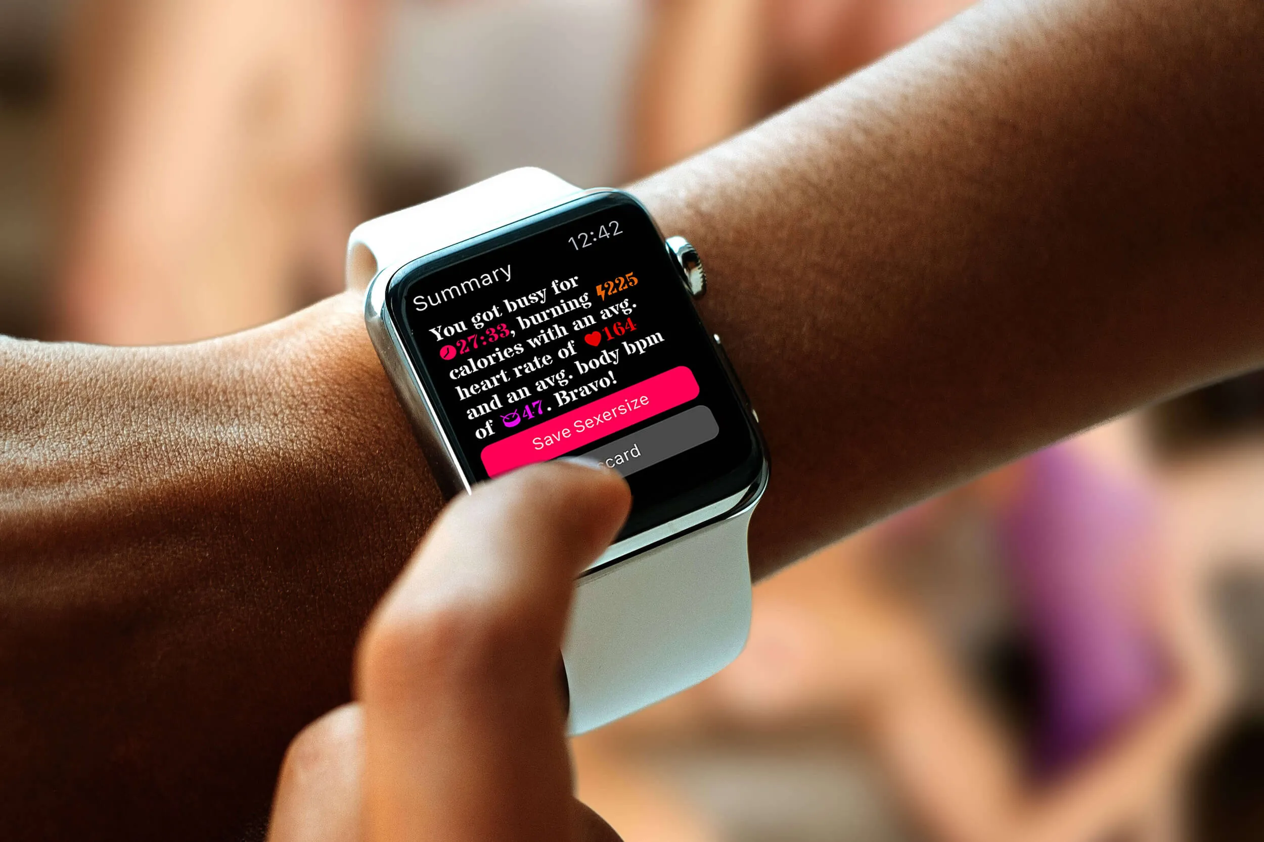 A person using an Apple Watch app that shows the workout statistics from their sex life