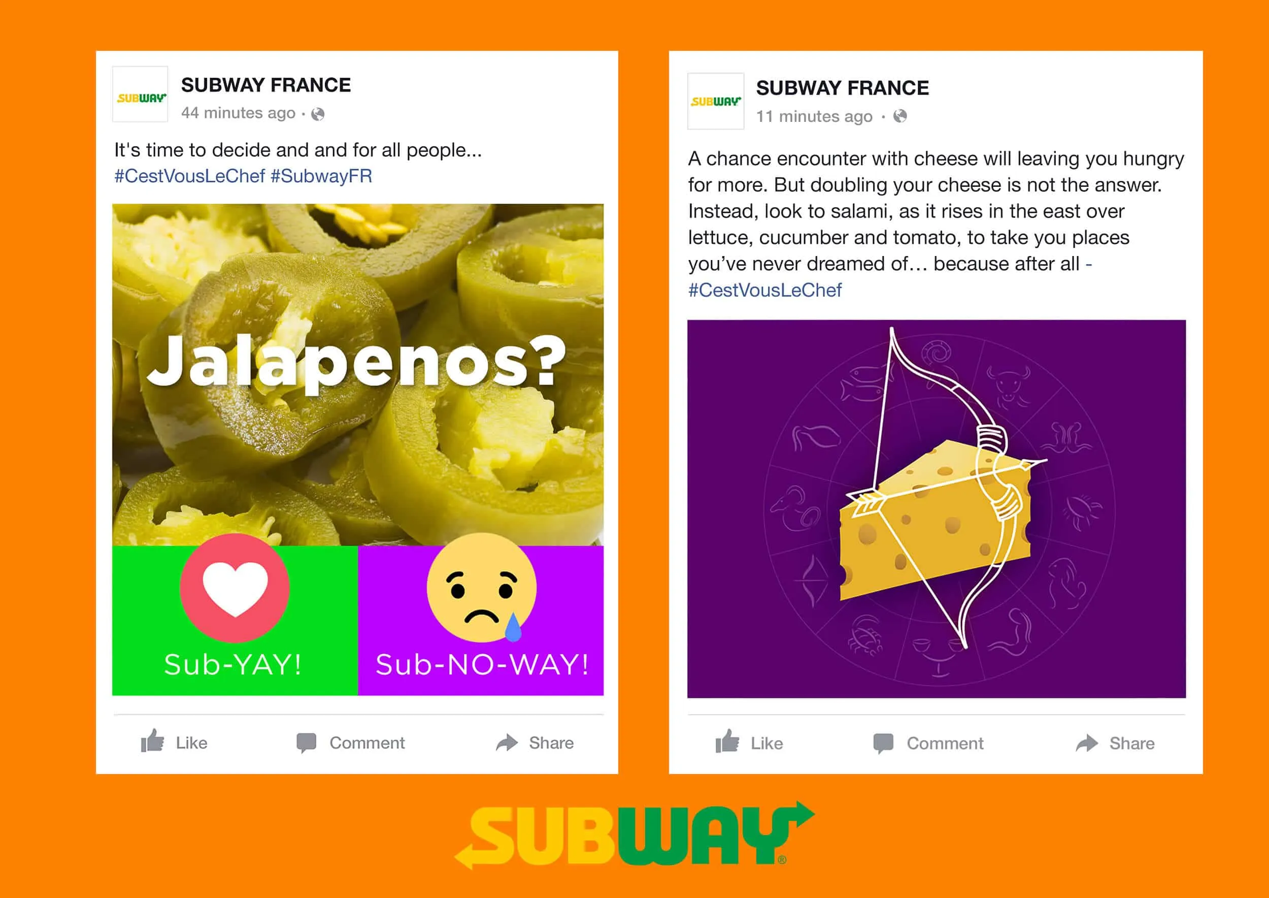 Facebook and Instagram posts for Subway Sandwiches France with jalapenos and astrology themes 