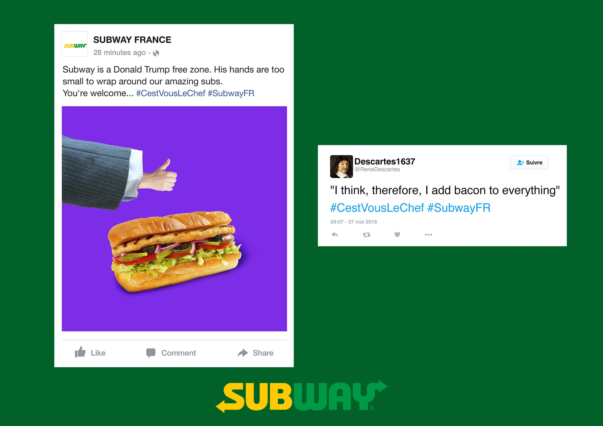 Facebook and Twitter posts for Subway Sandwiches France with Donald Trump and Descartes themes 