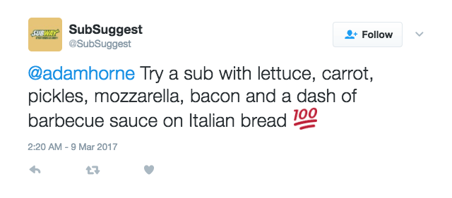 Examples of AI generated tweets for Subway Sandwiches France suggesting new sub recipes