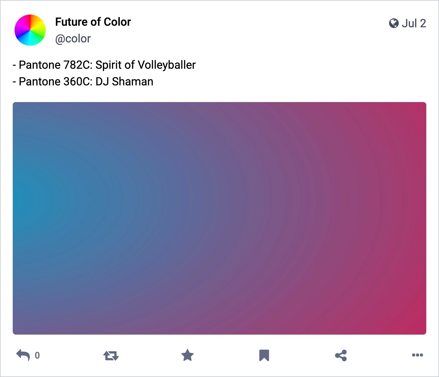 An example of a funny Mastodon bot what generates random colours and colour names