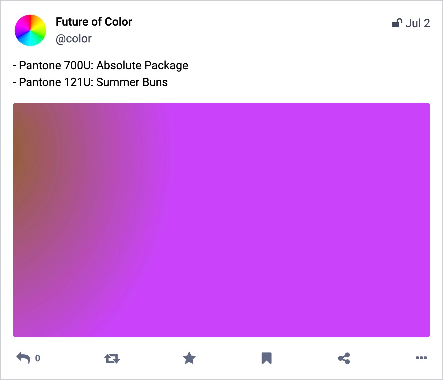 An example of a funny Mastodon bot what generates random colours and colour names