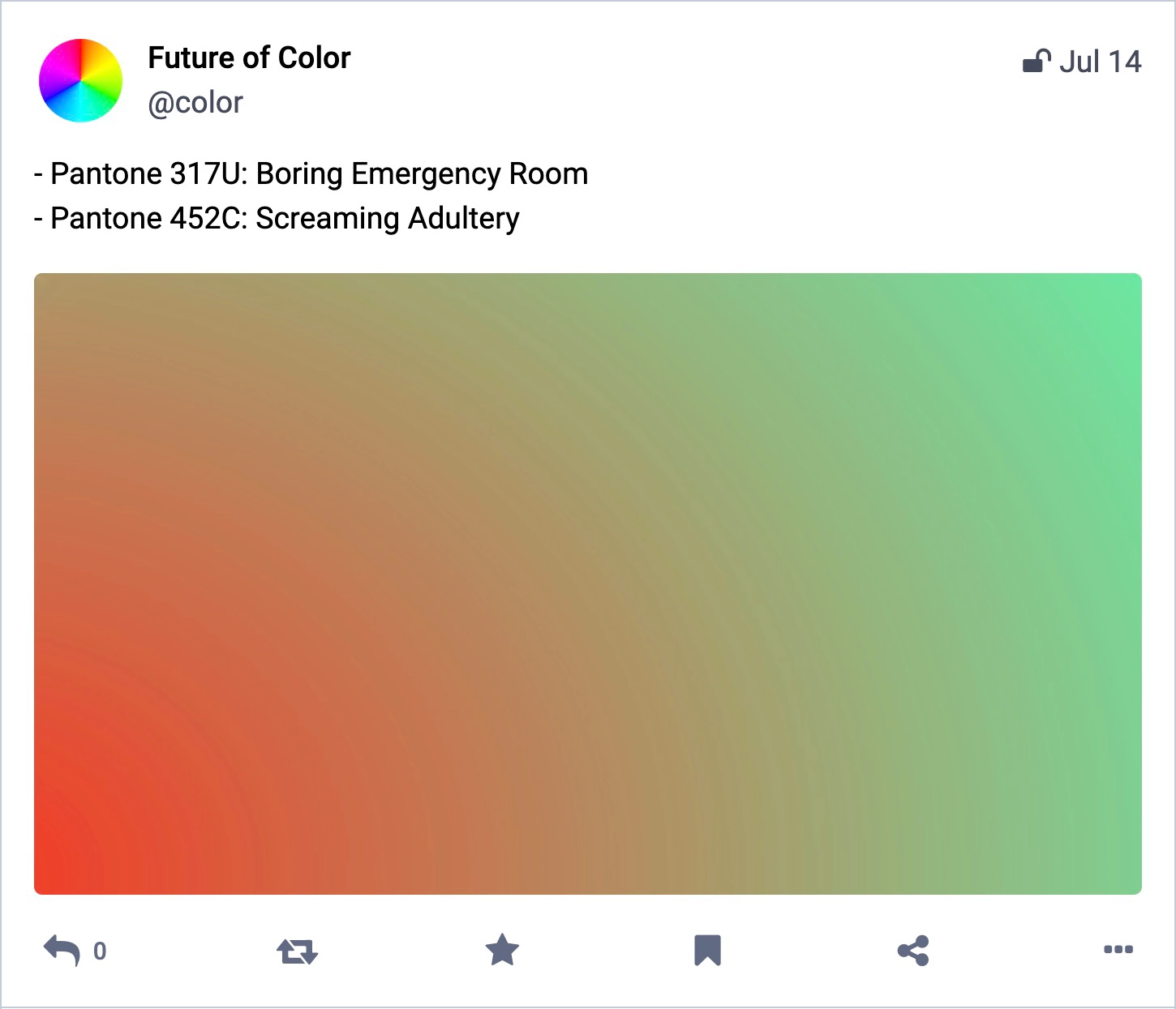 An example of a funny Mastodon bot what generates random colours and colour names